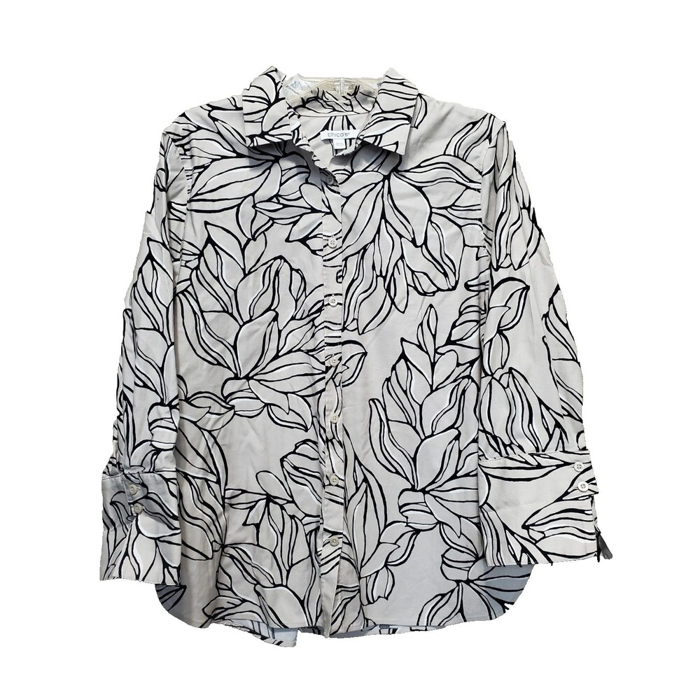 Chico's No Iron Sateen Tan Line-Art Leaf Print Button-Up Shirt Size 2 Large